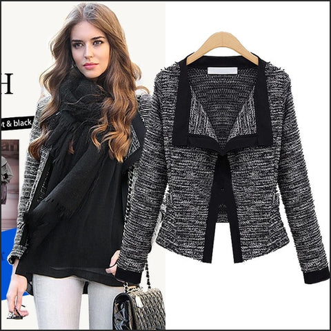 2017 Autumn Elegant Women Blazers V-Neck Long Sleeve Formal Black Woolen Jackets Plus Size Casaco Patch Knot Slim Women