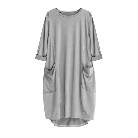 Womens Pocket Loose Dress Ladies Crew Neck Casual Long Tops Dress Plus Size