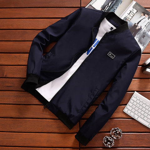 BOSIBIO Summer Autumn Mens Jacket Stand Collar Windbreaker Male Blue Baseball Jackets Casual Thin High Quality Size M-4XL LH-2