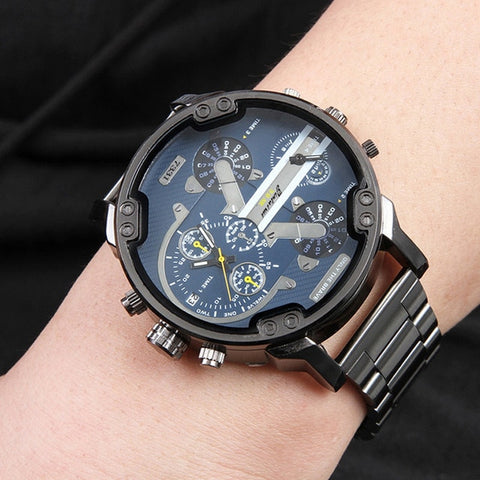 Brand Luxury Big Dial Men Watch Military Quartz Watch Leather Stainless Steel Casual Sport Business Metal Wristwatch Men's Clock