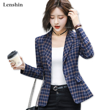 Lenshin Soft and Comfortable High-quality Plaid Jacket with Pocket Office Lady Casual Style Blazer Women Wear Coat