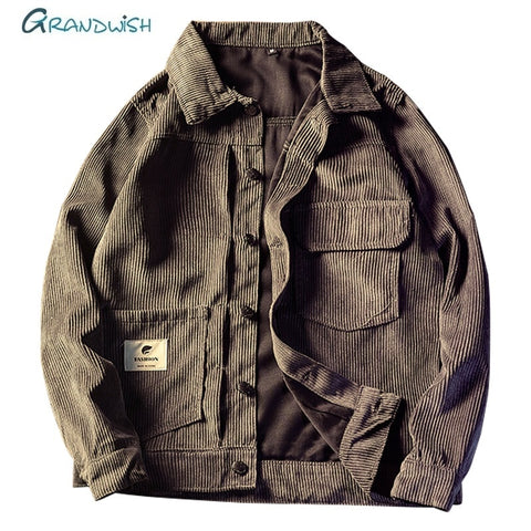Grandwish Male Fashion Jacket Coat Men Corduroy Turn-down Collar Pockets Mens Jackets Casual Outerwear Windbreaker Coats,DA803
