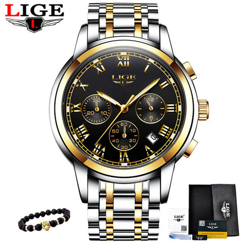 LIGE Men's Watches Military Luxury Brand Watch Mens Quartz Stainless Steel Clock Fashion Chronograph Watch Man Relogio Masculino