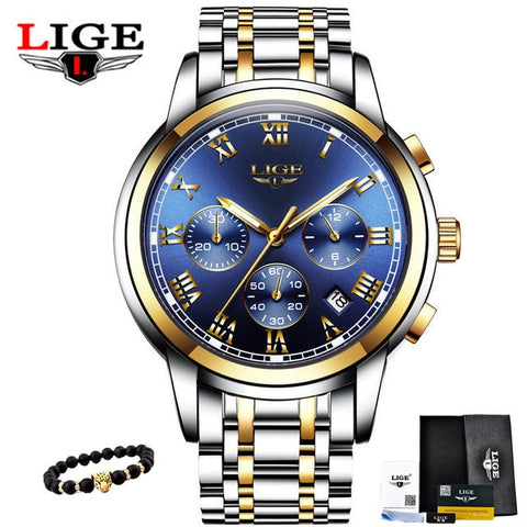 LIGE Men's Watches Military Luxury Brand Watch Mens Quartz Stainless Steel Clock Fashion Chronograph Watch Man Relogio Masculino