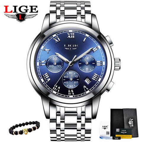 LIGE Men's Watches Military Luxury Brand Watch Mens Quartz Stainless Steel Clock Fashion Chronograph Watch Man Relogio Masculino
