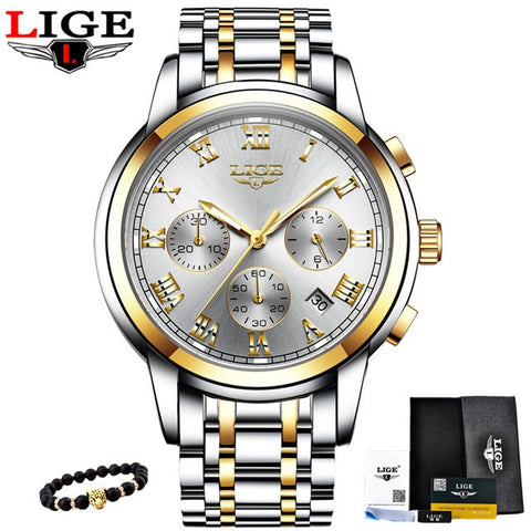 LIGE Men's Watches Military Luxury Brand Watch Mens Quartz Stainless Steel Clock Fashion Chronograph Watch Man Relogio Masculino