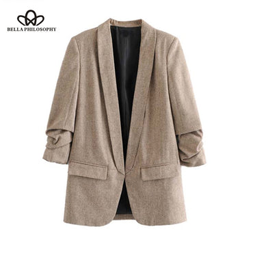 Bella Philosophy women chic twill blazer gathered three quarter sleeve pockets office wear coat notched collar vintage outerwear