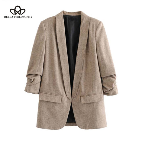 Bella Philosophy women chic twill blazer gathered three quarter sleeve pockets office wear coat notched collar vintage outerwear