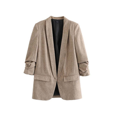Bella Philosophy women chic twill blazer gathered three quarter sleeve pockets office wear coat notched collar vintage outerwear