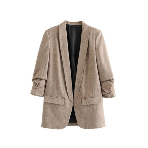 Bella Philosophy women chic twill blazer gathered three quarter sleeve pockets office wear coat notched collar vintage outerwear