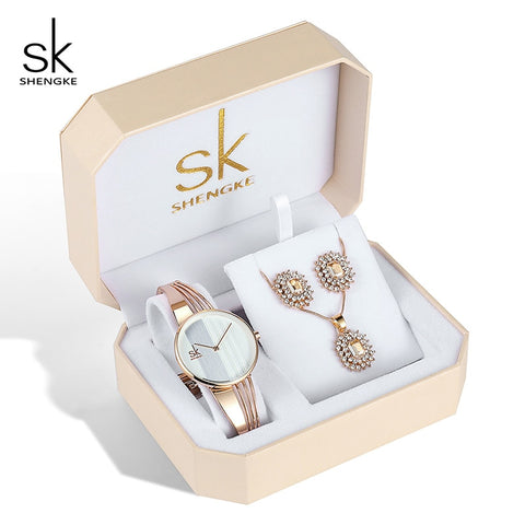 Shengke Rose Gold Women Watches Set Luxury Ladies Quartz Watch With Crystal Earrings Necklace Set Valentine Day Gift For Women