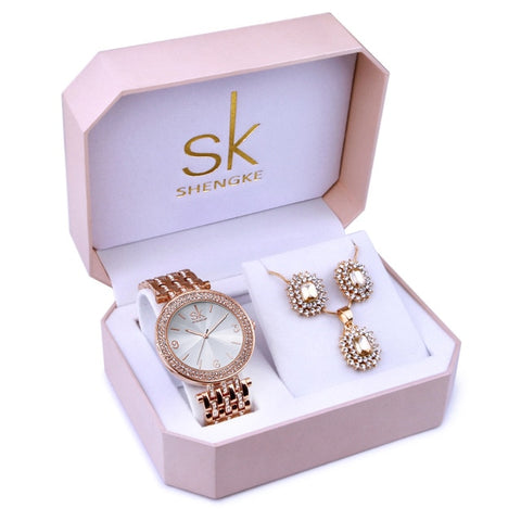 Shengke Rose Gold Women Watches Set Luxury Ladies Quartz Watch With Crystal Earrings Necklace Set Valentine Day Gift For Women