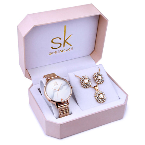 Shengke Rose Gold Women Watches Set Luxury Ladies Quartz Watch With Crystal Earrings Necklace Set Valentine Day Gift For Women