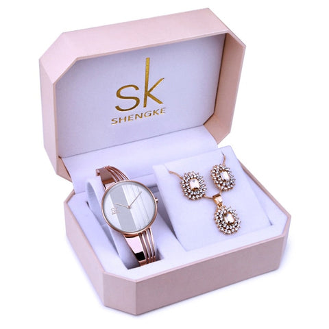 Shengke Rose Gold Women Watches Set Luxury Ladies Quartz Watch With Crystal Earrings Necklace Set Valentine Day Gift For Women