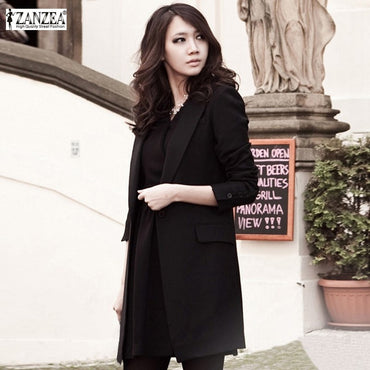 Women Blazer Casual Suit Spring 2019 Lapel Collar Long Sleeve Blazer Solid Single Button Black Long Coat Jacket feminino Outwear
