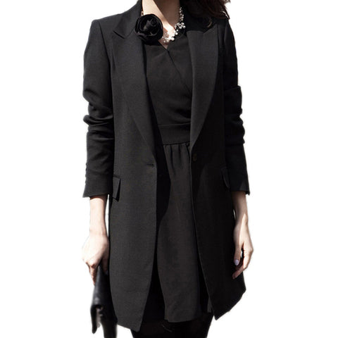 Women Blazer Casual Suit Spring 2019 Lapel Collar Long Sleeve Blazer Solid Single Button Black Long Coat Jacket feminino Outwear