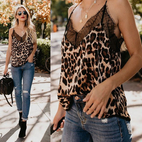Womens Summer Sexy Casual V-Neck Sleeveless Button  Leopard Print  Lace Camisole 2018  Crop Top Vest Tank Tops