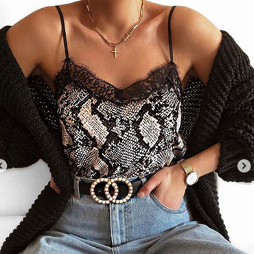 Womens Summer Sexy Casual V-Neck Sleeveless Button  Leopard Print  Lace Camisole 2018  Crop Top Vest Tank Tops