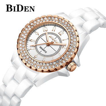 BIDEN Quartz Ladies Watch Women Watches Waterproof Ceramic Watch Female Clock Rhinestone Girl relogio feminino Wristwatch Timer
