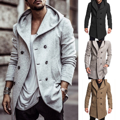 New Arrival Men British Style Overcoat Long Jacket Woolen Trench Warm Winter Fashion Hooded Jackets Coat Slim Outwear Clothes
