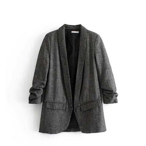Bella Philosophy women chic twill blazer gathered three quarter sleeve pockets office wear coat notched collar vintage outerwear