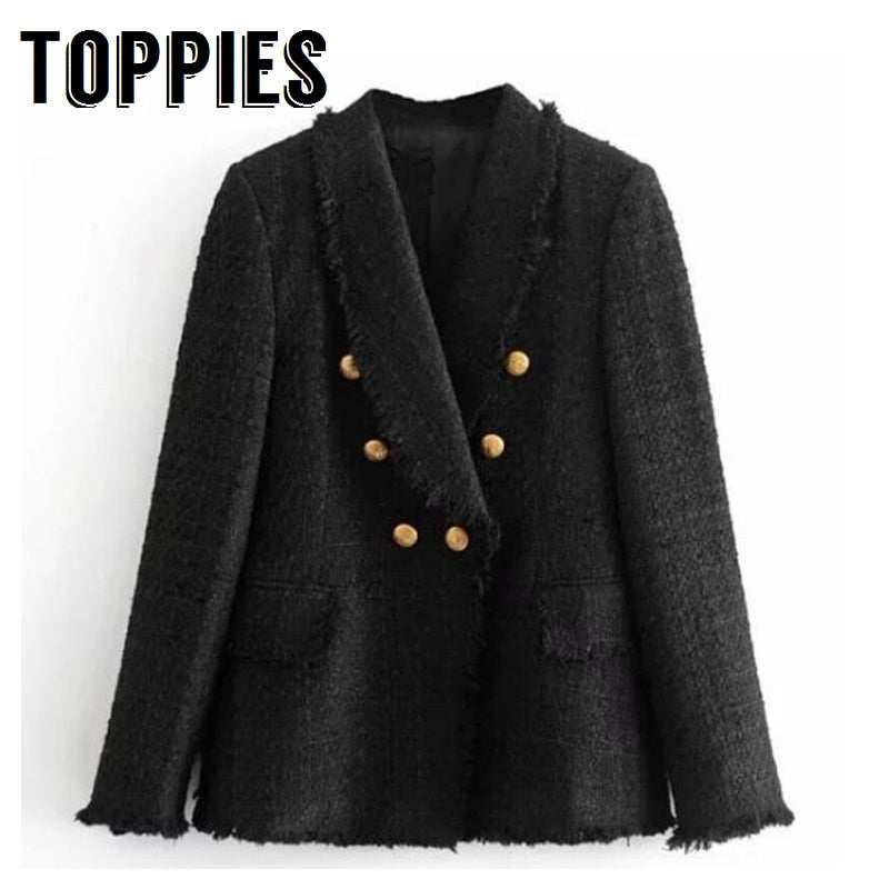 2019 Winter Women Black Tweed Blazer Coat Golden Buttons Decor Slim OL Style Jackets with Pockets