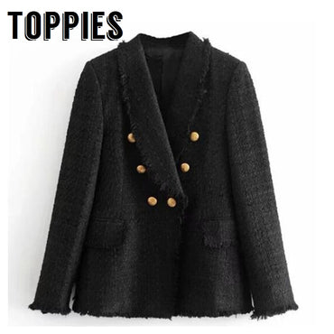 2019 Winter Women Black Tweed Blazer Coat Golden Buttons Decor Slim OL Style Jackets with Pockets