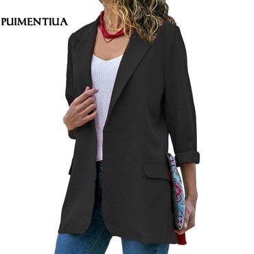 Puimentiua 2019 Autumn Slim Fit Women Blazers Open Front Notched Pockets Office Work Jacket Coat Elegant Lady Blazer Plus Size