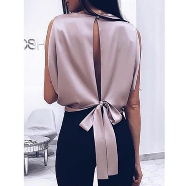Summer Cami Women Sexy Backless Tank Top Solid SatinVest Back Bandage Bowknot Short Tee Top Shirt Women Tanks
